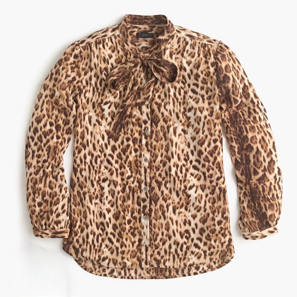 J.Crew Leopard Print Tie-Neck Blouse Size XS • Chic Animal Print Shirt Top